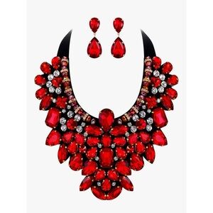 ✨ Bold Red Crystal Rhinestone Statement Jewelry Necklace & Earrings Set ✨
